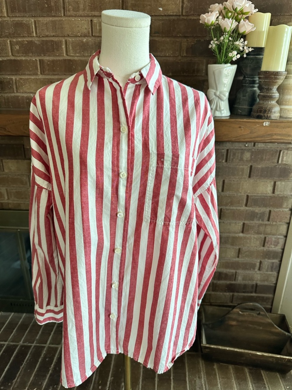 Alex Mill Wash & Go Striped Cotton Linen Button Down Shirt Red White | Size S